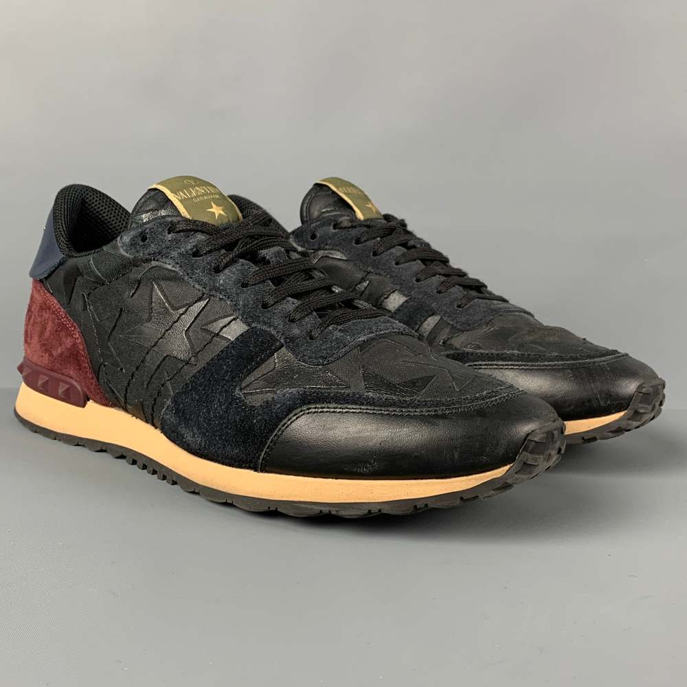 VALENTINO Navy Burgundy Stars Leather Rockrunner Sneakers - Picture 2 of 9